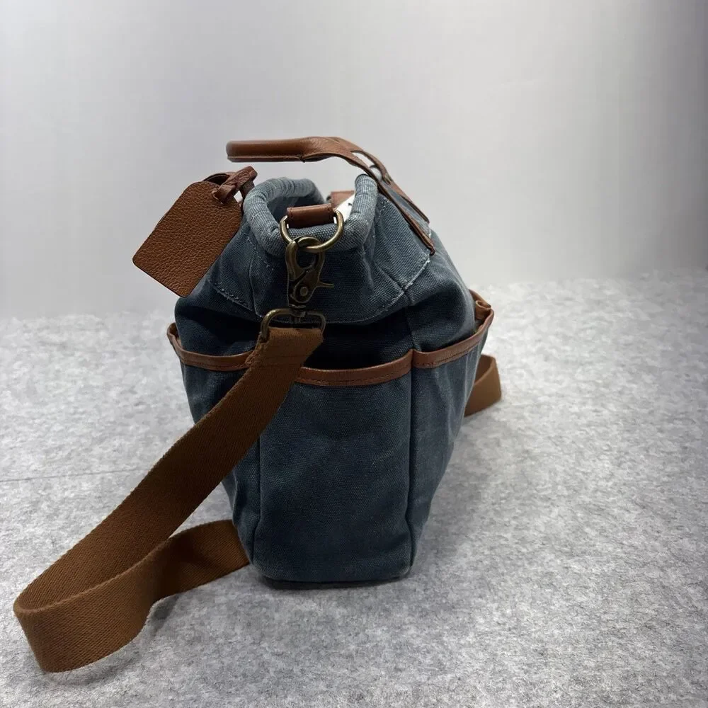 Levenger Bloomsbury Blue Canvas Book Tote Crossbody Bag Leather Trim retro boho